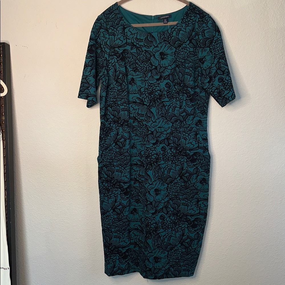 Lands' End Women's Teal Floral Print‎ Sheath Dress Career Work Tall Size 16T